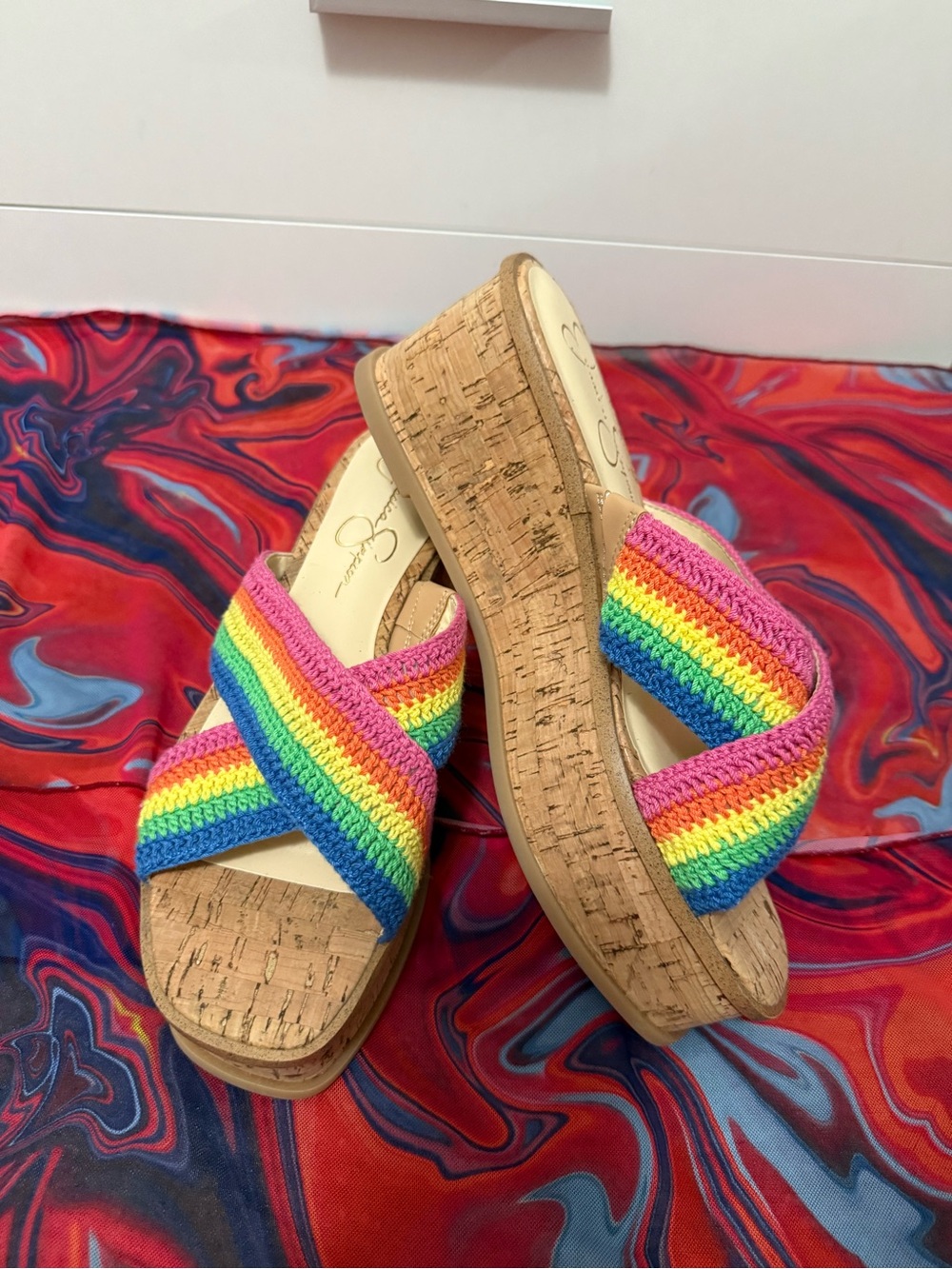 Vintage Y2K Jessica Simpson Ediza Rainbow Crochet Cork Wedges 🩷🧡💛💚💙
